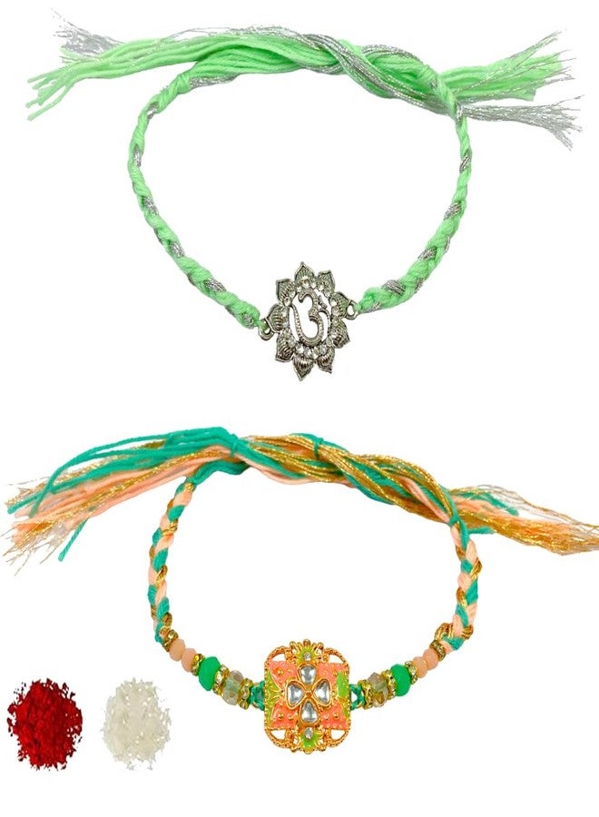 Sesonby Set Of 2 Designer Kundan Rakhi Brother Rakhis For Brother Bhaiya Bhabhi Rakhis Pair RAkhi For Kids Boys rakhi | rakhi for brother boys bracelet #R-127-168 - Image 1